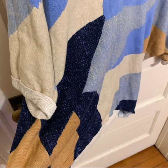 Nic+Zoe OCEAN ISLE Short Sleeve V Neck Loose Fitting Blue Geometric Knit SWEATER - Picture 10 of 16